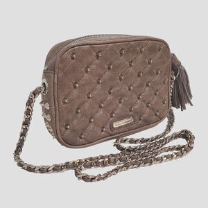 Rebecca Minkoff Quilted Leather Crossbody Bag 3D Studs Tassel Chain Strap Taupe